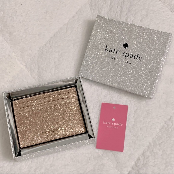 KATE SPADE Tinsel Glitter Boxed Slim ID Credit Card Holder Wallet Rose Gold NWT - Picture 4 of 12